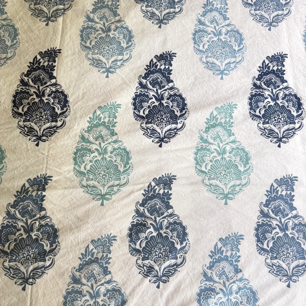 Pottery Barn King Duvet Cover Set Organic Cotton Blue Teal Paisley Block Print